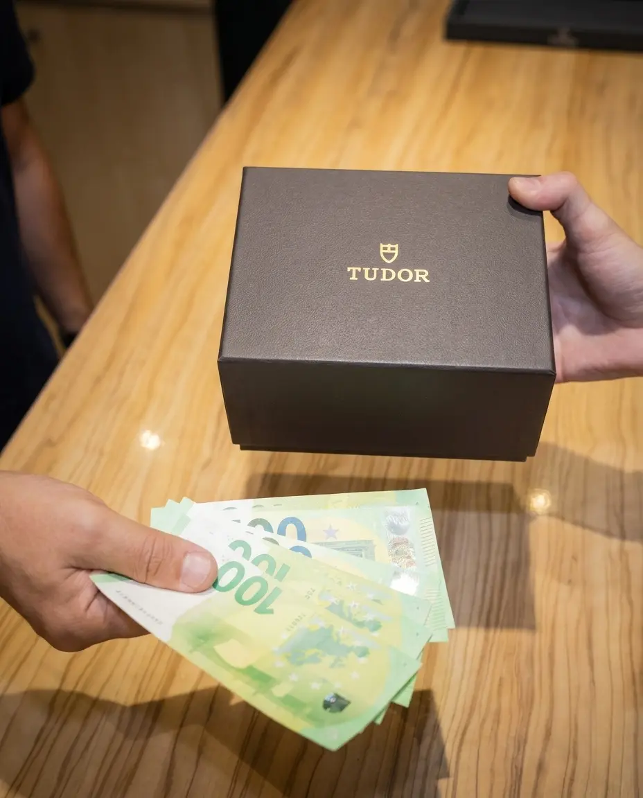 Tudor Uhr Ankauf mit Barauszahlung – Originalbox und Euro-Scheine auf Holztisch