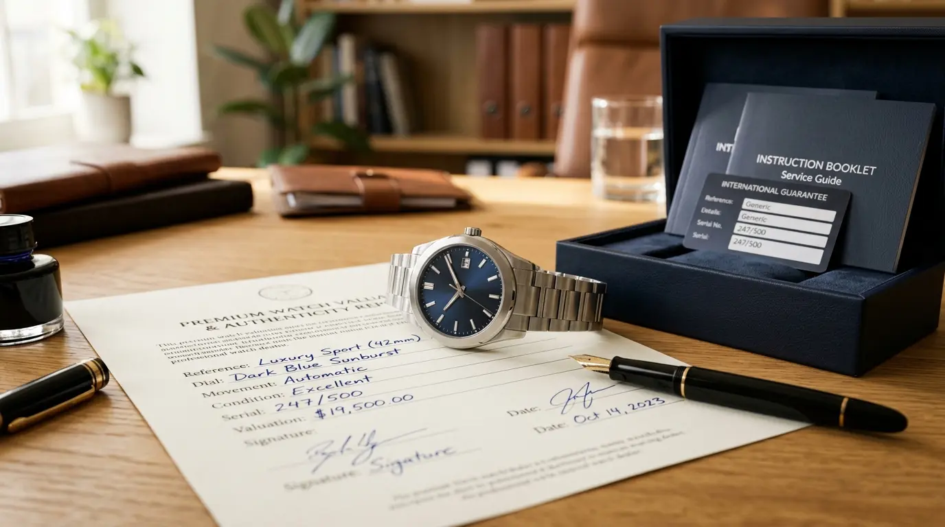 Luxusuhr mit Originalbox und Papieren bereit zum Verkauf auf elegantem Untergrund