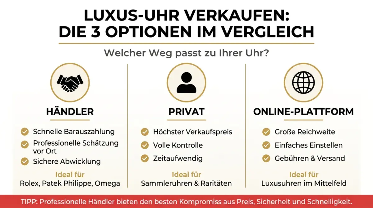 Infografik Luxusuhr verkaufen – Vergleich Händler, Privatverkauf und Online-Plattform mit Vor- und Nachteilen im Corporate Design von Uhrencenter Berlin