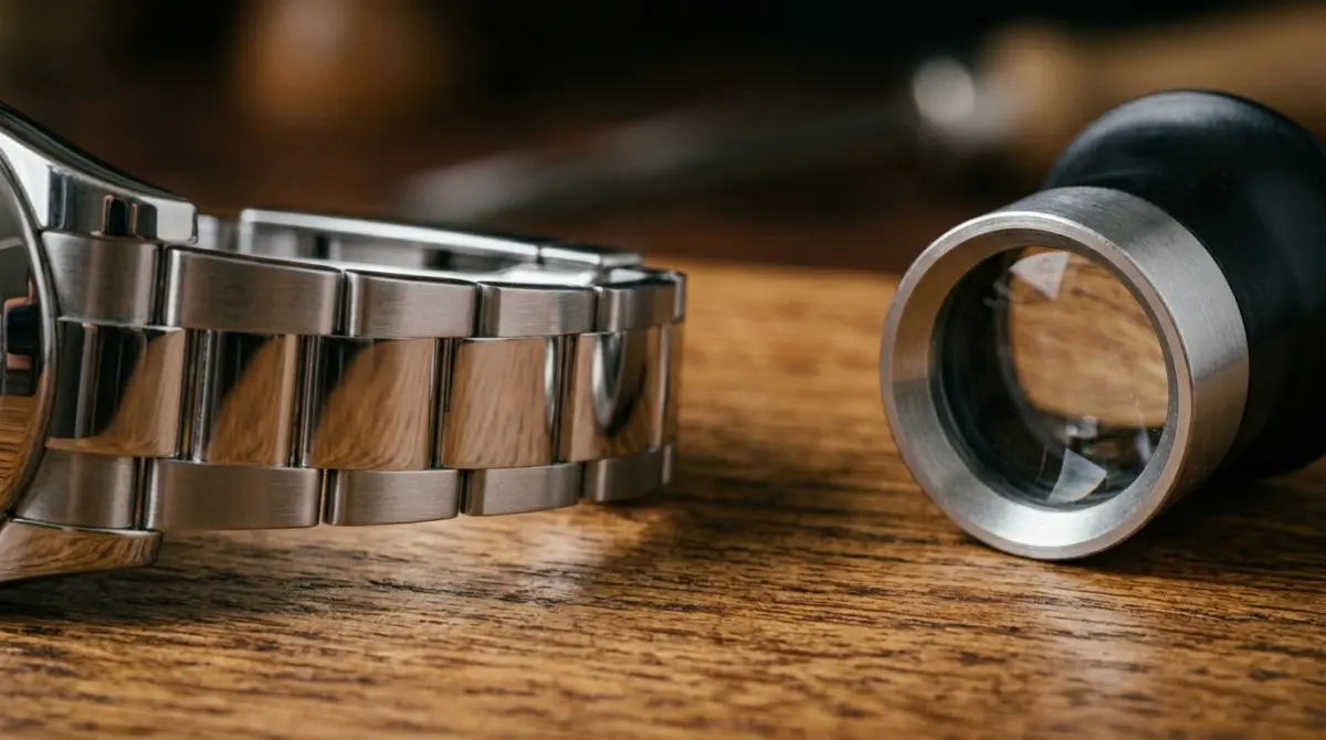Macro-Aufnahme des Bandanstoß-Bereichs einer Luxusuhr mit Jeweler-Lupe - Rolex Marktwert ermitteln über Referenz und Seriennummer
