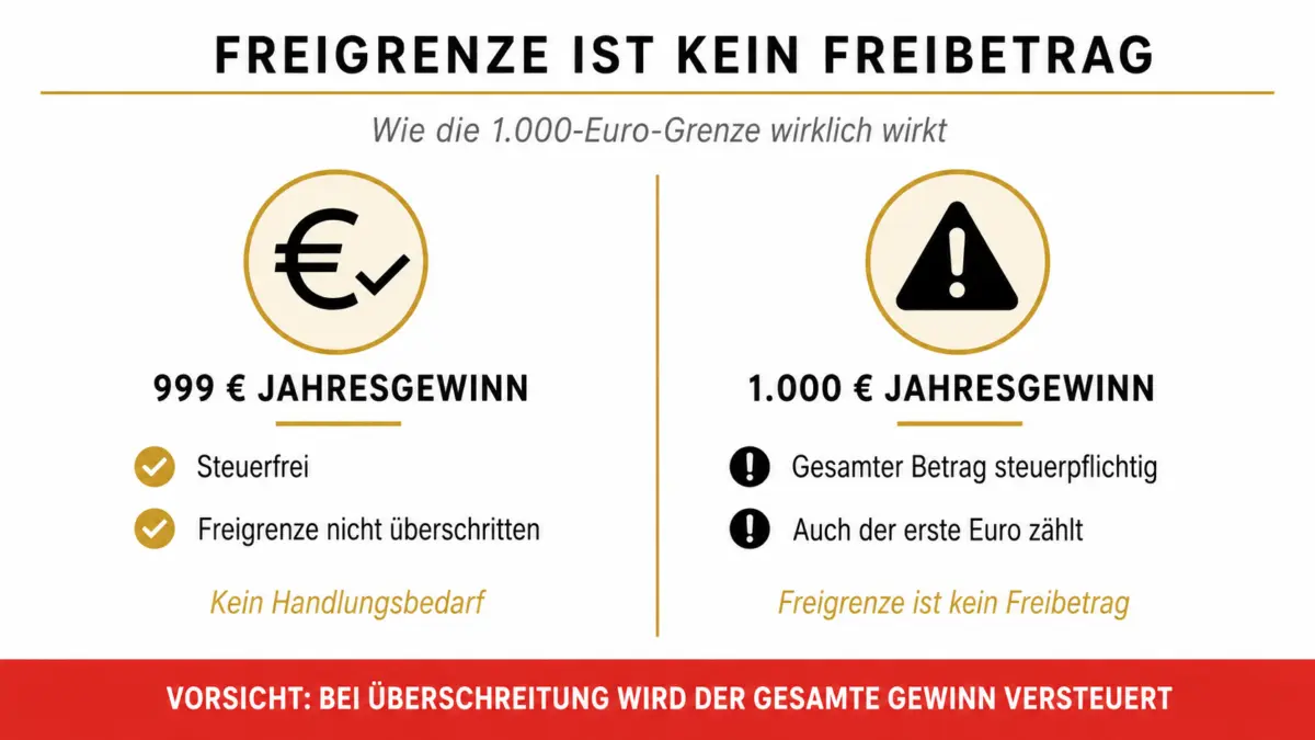 Infografik Freigrenze vs. Freibetrag beim Luxusuhren-Verkauf: 999 Euro steuerfrei, ab 1.000 Euro wird der gesamte Betrag steuerpflichtig nach § 23 EStG