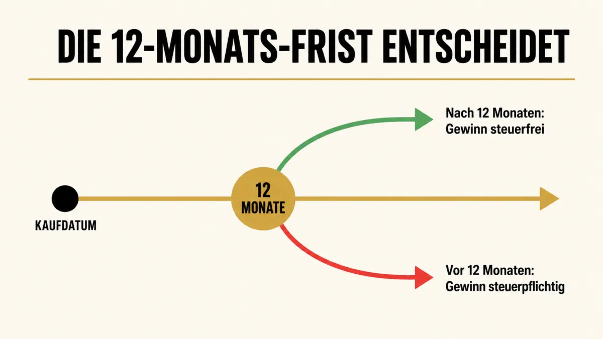 Infografik zur 12-Monats-Spekulationsfrist beim Luxusuhren-Verkauf — nach 12 Monaten steuerfrei, davor steuerpflichtig nach § 23 EStG