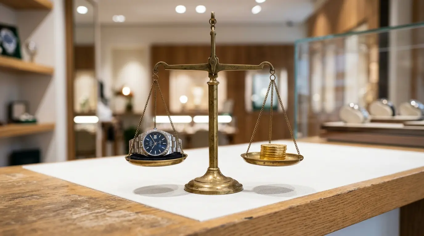 Waage mit Luxusuhr und Goldmünzen symbolisiert die Wertermittlung – KI-generiertes Bild